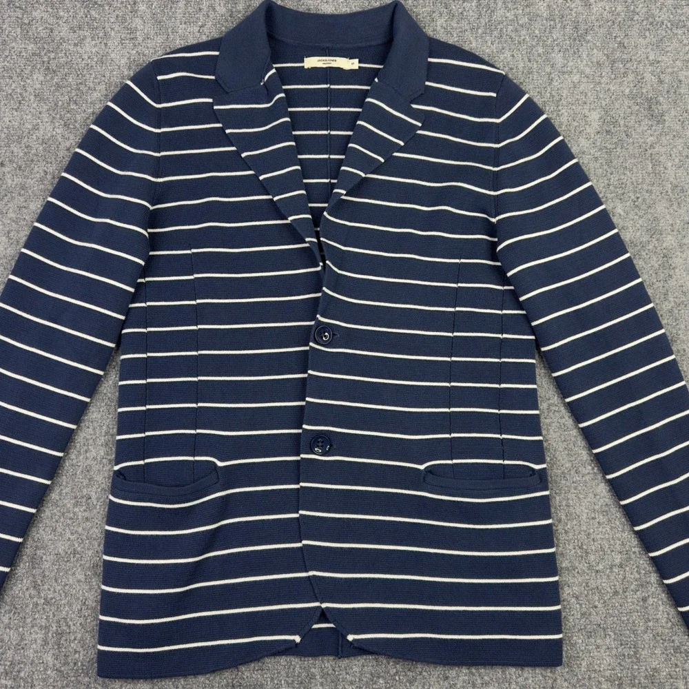 Jack & Jones Blazer‎ Mens S Blue White Stripe Knit Slim Preppy Minimalist Career